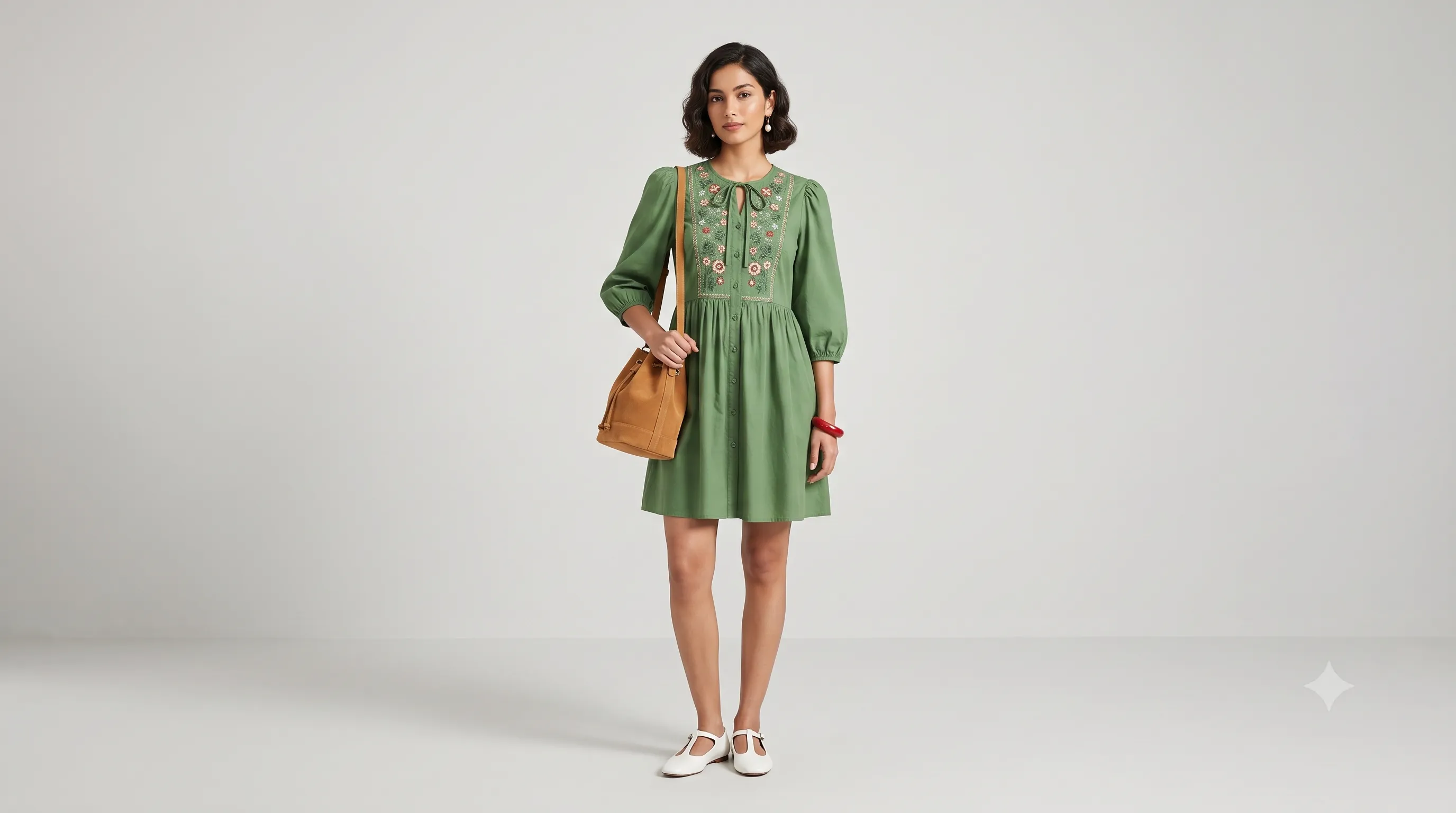 Model wearing a sage green embroidered mini dress with a tan bucket bag