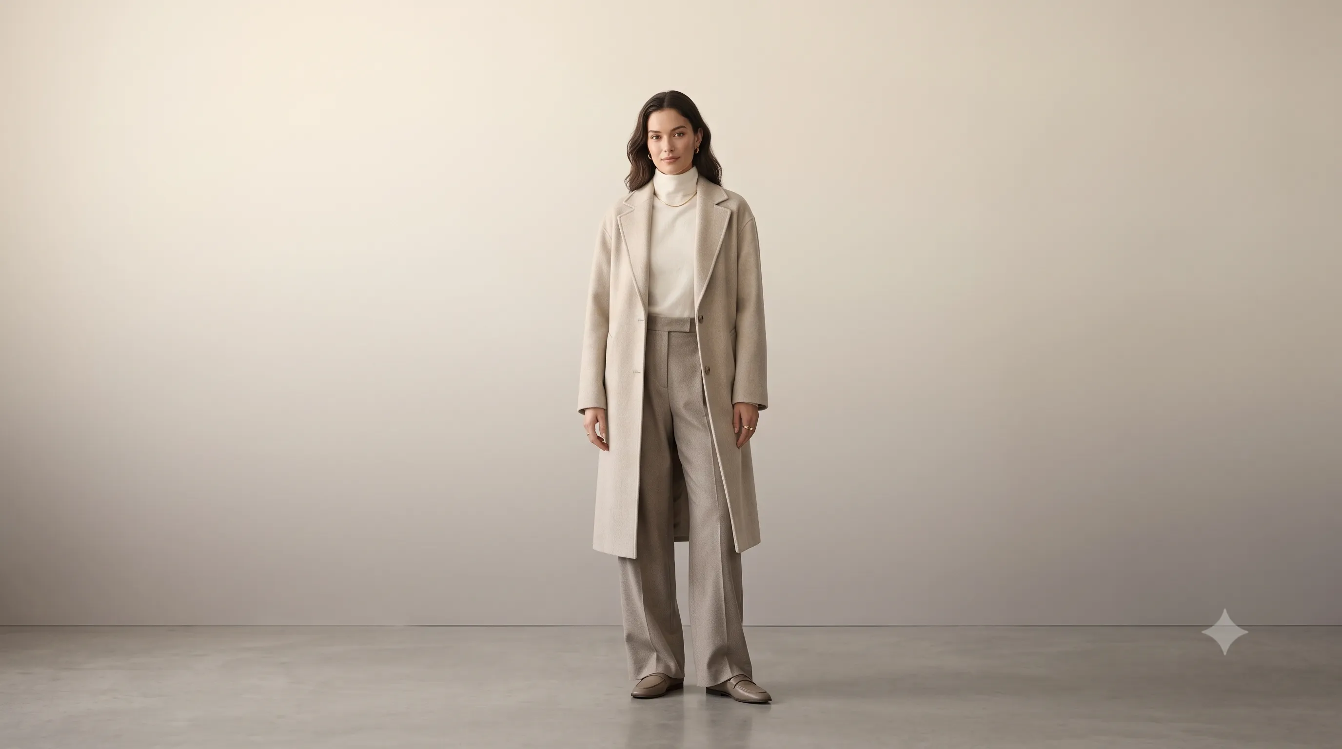 Model in an oatmeal wool coat, ivory knit and taupe wide-leg trousers