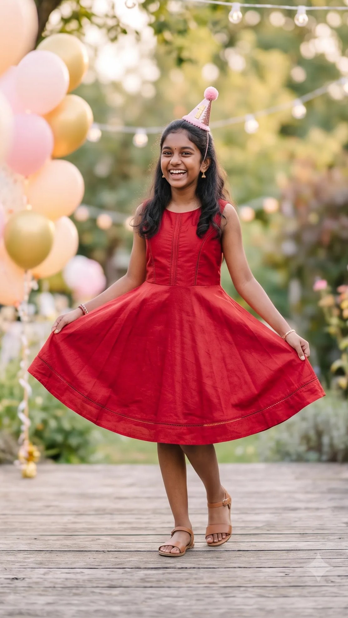 A girl in a red party dress twirling at a garden birthday, balloons behind her