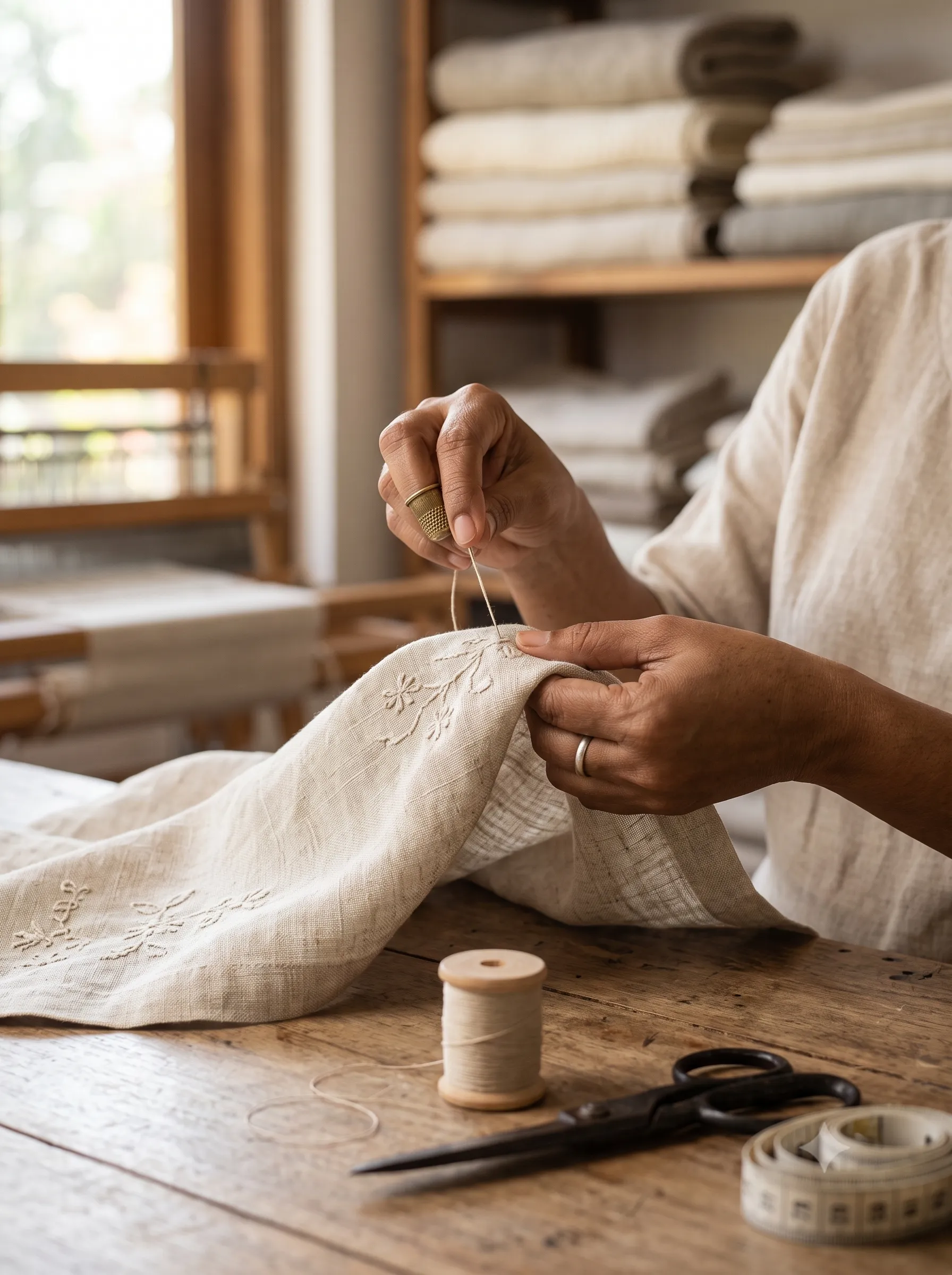 Hands embroidering a flower onto natural linen, with thread, scissors and a tape measure on the workbench